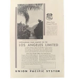 Vintage 1931 Union Pacific System Los Angeles Limited Ad Advertisement